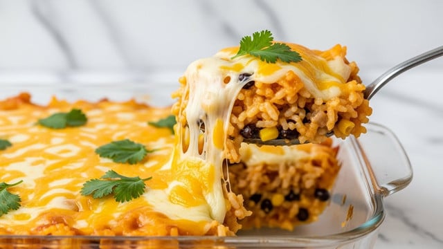 A close-up of a cheesy rice dish being lifted with a silver serving spoon from a clear glass baking dish. The dish has several layers: a creamy orange-yellow cheese sauce mixed with white rice, black beans, and corn forming the base layer, topped with melted golden-yellow and white cheese that stretches as the spoon lifts the portion. Small green cilantro leaves are scattered on top, adding color contrast. The background is a white marbled texture with a soft focus. Photo taken with an iphone --ar 4:5 --v 7