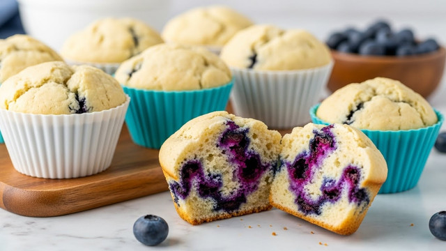 The image shows six blueberry muffins in pastel-colored silicone baking cups, placed on a wooden board over a white marbled surface. Each muffin has a light golden top with a soft, cracked texture, revealing some dark purple blueberry spots beneath the surface. The baking cups vary in colors, including light blue, white, and blue, creating a gentle contrast with the muffins. Behind the muffins, there is a wooden bowl filled with fresh, plump blueberries that are deep blue with a slight sheen. The overall setting is bright and fresh, with the wooden board adding a warm touch to the white marbled background. photo taken with an iphone --ar 4:5 --v 7