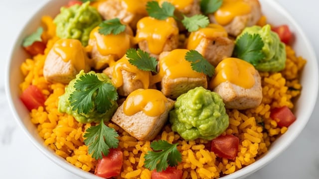 A close-up view of a bowl filled with a colorful layered dish. The bottom layer is yellow-orange rice mixed with small pieces of red tomato. On top of the rice, there are chunks of light brown cooked chicken scattered evenly. The chicken pieces are covered with melted yellow cheese, which has a slightly glossy and gooey texture. Small green dollops, possibly guacamole or mashed avocado, are placed around the chicken. Fresh green cilantro leaves are sprinkled over the entire dish, adding a touch of bright green color. The bowl is white, and the dish is set on a white marbled surface. photo taken with an iphone --ar 4:5 --v 7