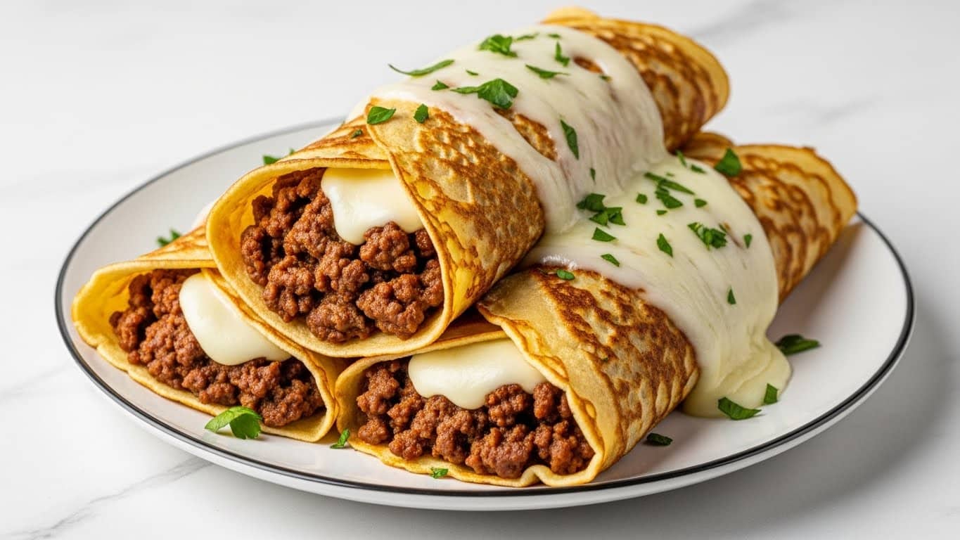 Three rolled crepes are stacked on a white plate with a thin dark rim, placed on a white marbled surface. Each crepe is golden brown with crispy dark spots and slightly browned edges. The crepes are filled with a ground beef mixture, showing a rich brown and textured look, and topped with melted white cheese that is creamy and slightly stretchy, covering the filling and parts of the crepe edges. Small green parsley pieces are sprinkled over the crepes and plate, adding color contrast. The crepes are arranged so one is leaning on another, showing different angles and textures clearly. photo taken with an iphone --ar 4:5 --v 7
