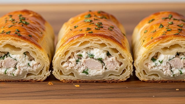 The image shows four golden-brown bread rolls cut in half and placed on a wooden board, each roll has three visible layers: the light, soft bread on the outside, a moist shredded chicken layer in the middle with an orange tint, and a creamy white cheese sauce mixed with green herbs inside that slightly melts and oozes out. The tops of the rolls are sprinkled with grated cheese and finely chopped green parsley, adding texture and color contrast. Small parsley bits are also scattered around the wooden board. The background is a white marbled texture. photo taken with an iphone --ar 4:5 --v 7