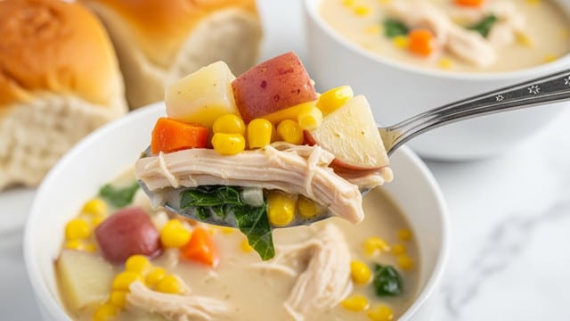 A close-up of a spoon holding a layered mix of creamy chicken soup with visible shredded white chicken, bright yellow corn kernels, orange carrot pieces, and soft potato chunks with red skin, all coated in a thick light cream broth. The spoon is silver with a star pattern on the handle and is held above a white bowl filled with the same soup, showing more yellow corn, greens, and shredded chicken inside. In the background, a second white bowl of soup and a round soft bread roll rest on a white marbled surface. photo taken with an iphone --ar 4:5 --v 7