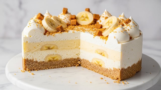 A round cake with three visible layers sits on a white stand over a white marbled surface. The bottom layer is a thick, crumbly brown crust. The middle layer is a smooth, creamy pale yellow filling. The top layer is a lighter creamy white custard, slightly shiny. On top, dollops of white whipped cream are evenly spaced, each topped with a round banana slice and sprinkled with crumbly tan cookie bits. Small round caramel candies are placed among the whipped cream and banana slices. A slice is cut out, showing the layers clearly and crumbs scattered on the stand. Photo taken with an iphone --ar 4:5 --v 7