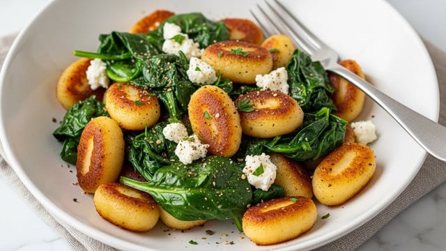 The dish shows a white bowl filled with three visible layers. The bottom layer is made of dark green cooked spinach with a soft, slightly wilted texture. On top of the spinach are golden-brown, crispy gnocchi pieces, about 12 of them, evenly spread around the bowl. The gnocchi have a shiny, slightly oily surface, showing a nice sear. Scattered over the gnocchi and spinach are small white crumbles of cheese, adding a soft texture and contrasting color. Tiny green herb sprigs and a light sprinkle of grated cheese and red seasoning complete the top. In the background is a soft white marbled surface, with an antique silver fork resting on the bowl's edge. photo taken with an iphone --ar 4:5 --v 7