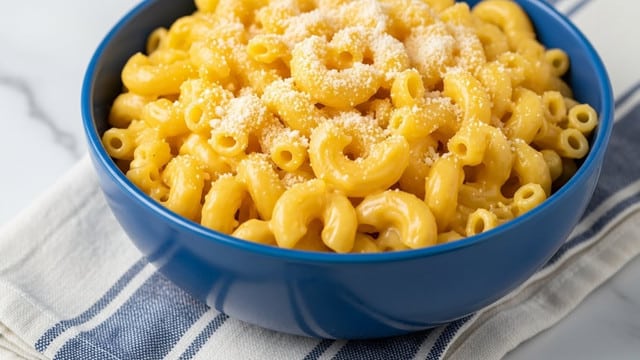 A close-up image of a blue bowl filled with elbow macaroni pasta mixed with creamy yellow cheese sauce. The pasta is fully covered with a light sprinkle of grated cheese on top, adding a fine texture and slightly crumbly appearance. The bowl is placed on a white marbled surface with a soft blue and white striped cloth partially visible underneath. The scene highlights the smooth and rich texture of the cheesy pasta. Photo taken with an iphone --ar 4:5 --v 7