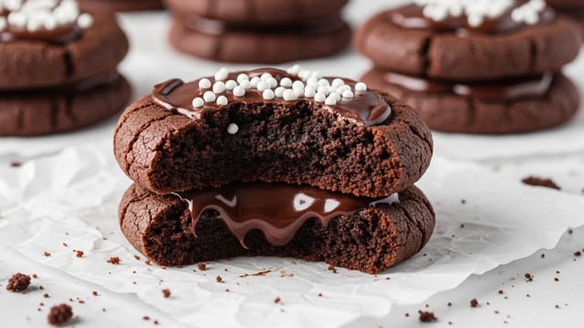 A close-up of a cracked chocolate cookie with three visible layers: the top layer is a smooth, matte dark brown chocolate crust with small white sprinkles, the middle layer shows a soft, moist, dark brown cookie texture, and the bottom layer reveals a glossy, thick dark chocolate filling oozing out. The cookie rests on crinkled white parchment paper, scattered with small cookie crumbs. In the background, more similar cookies blur softly on a white marbled surface. photo taken with an iphone --ar 4:5 --v 7
