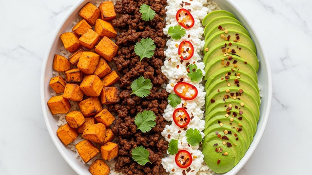 A bowl filled with four main layers arranged side by side over a base of white rice: bright orange roasted sweet potato chunks with a slightly crispy texture, dark brown seasoned ground beef with small fresh cilantro leaves sprinkled on top, a creamy white layer of cottage cheese topped with red chili flakes and cilantro, and fresh green avocado slices sprinkled lightly with red chili flakes, all placed evenly in a round white bowl on a white marbled surface. photo taken with an iphone --ar 4:5 --v 7