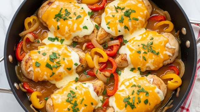 A black skillet filled with cooked chicken breasts covered in melted yellow and white cheese, sprinkled with chopped green herbs. The chicken rests on a bed of cooked bell peppers in red, yellow, and green colors, mixed with small pieces of cooked red onions. The textures vary from soft melted cheese on top to tender vegetables and chicken beneath. The skillet sits against a white marbled texture. Photo taken with an iphone --ar 4:5 --v 7