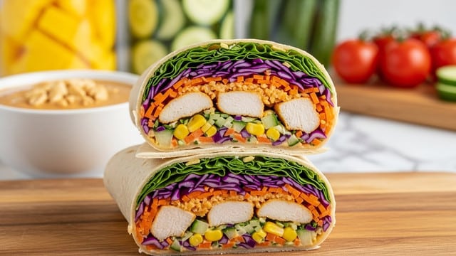 A close-up view of a wrap cut in half and stacked on top of each other on a wooden board, with the wrap showing five layers: the outer light beige tortilla wrap, a layer of green leafy lettuce, colorful layers of shredded purple cabbage and diced orange carrots, chunks of cooked white chicken, and a creamy light brown sauce mixed with small yellow corn pieces and green cucumber bits. In the background, blurred glass jars filled with yellow mango, green cucumbers, and red tomatoes sit on a white marbled surface, along with a white bowl of creamy peanut sauce topped with peanuts. photo taken with an iphone --ar 4:5 --v 7