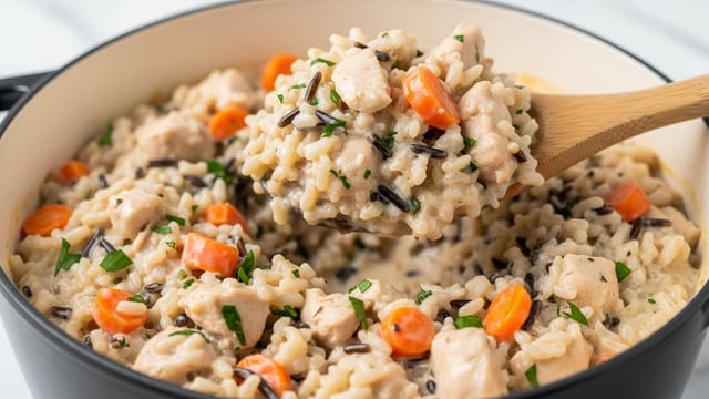 A close-up of a creamy dish in a black pot with a white inside, showing a mix of rice, wild rice, chopped orange carrots, and small pieces of chicken, all coated in a thick white sauce with little green herb bits scattered throughout; a wooden spoon is lifting a scoop of the mixture with visible creamy and chunky textures, the background shows a white marbled surface blurred out around the pot. photo taken with an iphone --ar 4:5 --v 7