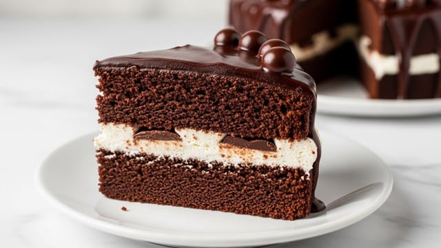 A square piece of chocolate cake with three obvious layers sits on a white plate against a white marbled texture. The bottom and top layers are dark brown, moist chocolate cake, while the middle layer is creamy white frosting. The top of the cake is covered with glossy chocolate ganache and decorated with a few small round nuts scattered on top. The photo taken with an iphone --ar 4:5 --v 7