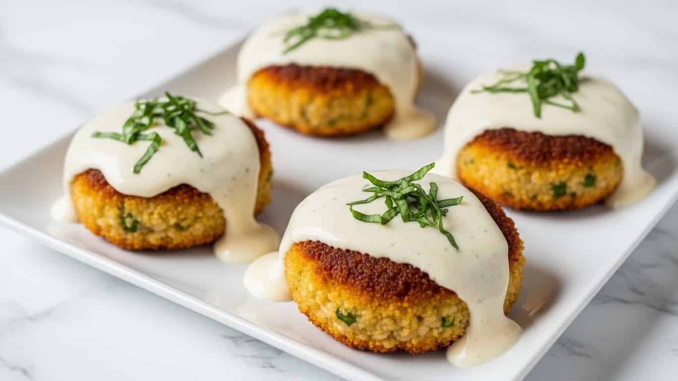 The image shows three golden-brown crab cakes with a crispy, grilled top layer, sitting on a white plate. Each crab cake is covered with a creamy, light beige sauce that is slightly thick and smooth, dripping down the sides. The sauce is sprinkled with finely chopped green herbs, adding a fresh contrast to the warm colors of the crab cakes. The plate is placed on a white marbled texture surface, creating a clean and elegant backdrop. Photo taken with an iphone --ar 4:5 --v 7