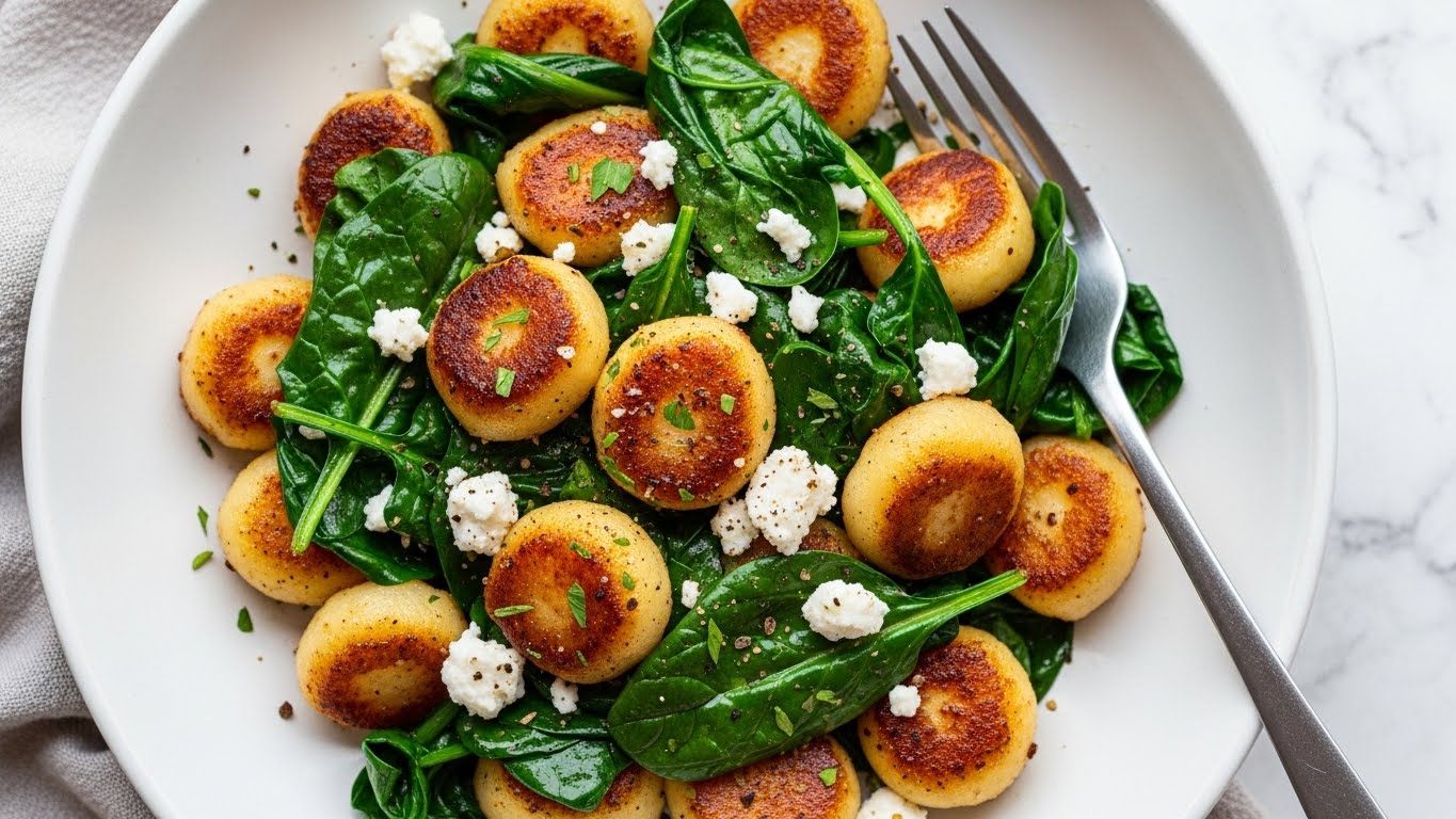 The dish shows a white shallow bowl filled with golden brown, pan-fried gnocchi pieces that have a crispy, caramelized outer layer. Among the gnocchi, there are vibrant, dark green sautéed spinach leaves, cooked until soft and shiny. On top, small crumbles of white cheese are scattered, adding texture and contrast. The gnocchi and spinach are lightly sprinkled with finely chopped herbs and ground seasoning. A silver fork is placed on the right side inside the bowl. The bowl sits on a cloth with a soft texture on a white marbled surface. Photo taken with an iphone --ar 4:5 --v 7