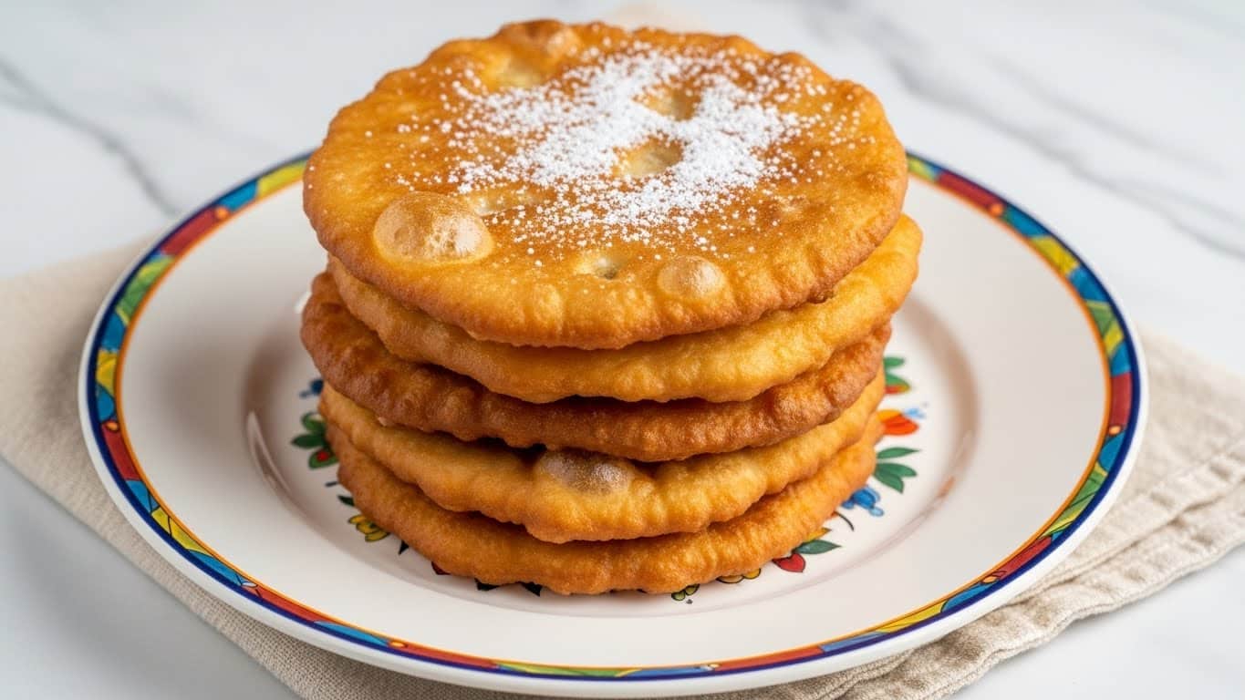A stack of five golden-brown fried flatbreads sits in the center of a white plate with a colorful design inside its rim. Each flatbread has a crisp, slightly uneven texture with some bubbles, and the top flatbread is sprinkled with a light layer of white powdered sugar. The plate rests on a white marbled surface with a beige cloth underneath. Photo taken with an iphone --ar 4:5 --v 7