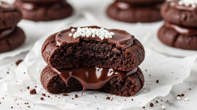 A close-up of a cracked chocolate cookie showing multiple thin, light brown, crisp layers on top with a soft, crumbly dark brown base; inside the cookie revealing a glossy, rich dark chocolate or jam filling; crumbs surround the cookie on a white marbled surface with blurred similar cookies in the background, photo taken with an iphone --ar 4:5 --v 7