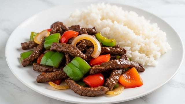 A white bowl filled with a colorful stir-fry dish, showing thick slices of cooked beef mixed with bright green, red, and orange bell pepper strips. The beef looks juicy and slightly crispy on the edges while the peppers are soft but still vibrant. There are small bits of caramelized onions and a glossy sauce coating everything. A wooden spoon rests inside the bowl on the right side, and a woman's hand is just about to pick it up. The bowl sits on a white marbled surface with a pale blue cloth beside it. Photo taken with an iphone --ar 4:5 --v 7