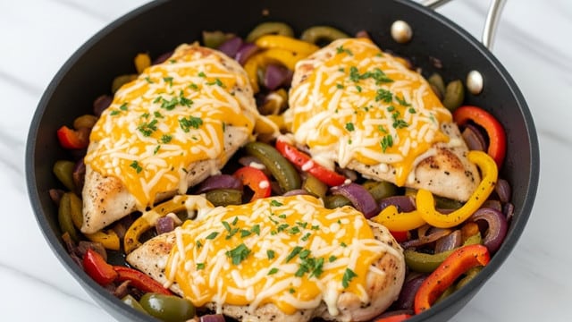 The dish is shown in a black pan filled with cooked chicken breasts covered with melted yellow and white cheese, sprinkled with green chopped herbs. Around and between the chicken, there are soft red and yellow pepper pieces mixed with cooked onions in a light brown sauce. The colors include orange-yellow cheese, red and yellow peppers, green herbs, and pale-brown cooked chicken, all mixed together with little visible sauce pooling. The texture shows melted cheese stretching over smooth chicken and soft vegetables, with a slight glossy shine. The pan sits on a white marbled surface with a corner of a red and white cloth nearby. Photo taken with an iphone --ar 4:5 --v 7