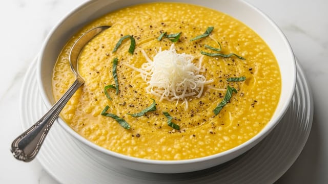 A close-up view of a thick, creamy yellow soup or risotto served in a white bowl placed on a white bowl with a ridged edge, sitting on a white marbled surface. The dish has small grainy textures spread throughout and is topped with a small pile of finely shredded white cheese in the center. There are scattered green herb leaves and specks of black pepper spread across the surface, adding contrast to the yellow base. A silver spoon with an ornate handle stands inside the bowl on the left side. photo taken with an iphone --ar 4:5 --v 7