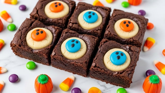 The image shows a dark, rich chocolate brownie with a cracked top layer, cut into square pieces. Each brownie square has a light beige cookie dough circle embedded in the center, decorated with a blue and orange ghost face. The brownies are placed on a surface scattered with colorful Halloween candies, including orange, yellow, and white candy corn, small green and purple round candies, and pumpkin-shaped orange candies with green tops. The background is a white marbled texture. photo taken with an iphone --ar 4:5 --v 7