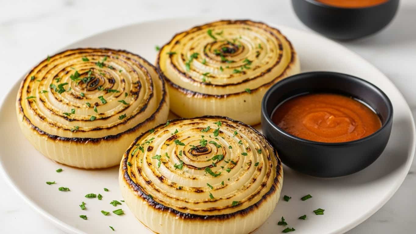 The image shows three round, thick onion slices cooked to a golden brown with visible char marks and a slight crisp on the edges. Each slice has multiple layers of translucent, caramelized onion rings stacked concentrically. The onions are sprinkled with finely chopped green herbs, adding a fresh contrast to the golden tones. They are placed on a white plate with a matte black small round bowl of reddish-orange dipping sauce beside them. In the background, a second bowl with the same sauce is slightly out of focus. The setting is on a white marbled surface, enhancing the warm colors of the dish. Photo taken with an iphone --ar 4:5 --v 7
