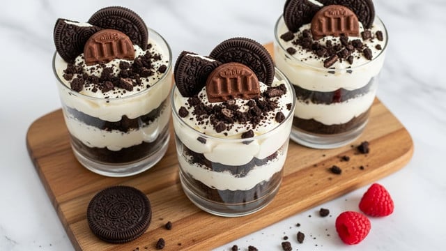 Four clear cups show layered Oreo desserts on a white marbled surface, each with three main parts: the bottom layer is crushed dark Oreo crumbs, the middle layer is smooth white cream, and the top layer is thick dark chocolate. Above the chocolate is a swirl of white cream with cocoa powder and small Oreo pieces sprinkled on top. Each dessert is crowned with a whole Oreo cookie standing upright in the cream. Around the cups are extra whole and broken Oreos scattered on the white marbled surface. photo taken with an iphone --ar 4:5 --v 7