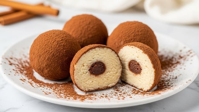Four round white balls are on a white plate, each covered with a thick layer of powdered brown cocoa. One of the balls is cut in half showing a soft, pale yellow inside with a small darker brown center. The cocoa powder is spread around the balls on the plate, adding texture to the scene. The background is a white marbled texture, with a soft focus on some cinnamon sticks and a white cloth behind. Photo taken with an iphone --ar 4:5 --v 7