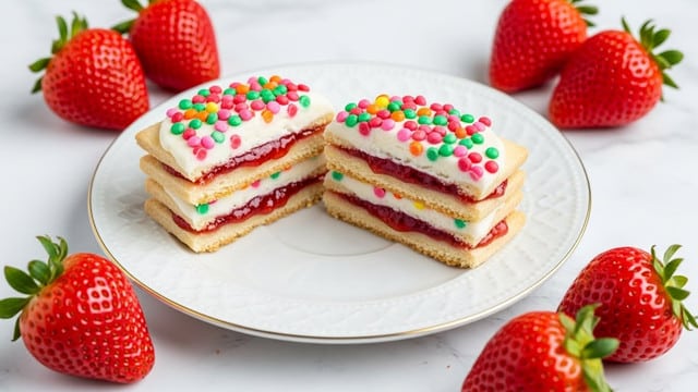 A white plate with a gold rim holds two halves of a cookie stacked on each other. Each cookie has three layers: a light golden crumbly base, a thick middle layer of bright pink strawberry jam, and a white frosting top layer covered with small colorful round sprinkles in red, green, pink, and orange. Around the cookies are five fresh red strawberries with green leaves. The scene is set on a white marbled texture. photo taken with an iphone --ar 4:5 --v 7