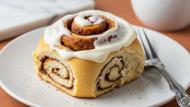 A close-up of a single cinnamon roll with thick white cream cheese frosting spread unevenly over the top and sides, showing the spiral layers of golden brown dough mixed with darker cinnamon filling. The cinnamon roll sits slightly tilted on a simple white plate with a few small brown speckles, next to a silver fork with a floral handle detail. The background is a warm light brown shade with a white marbled texture surface partly visible. Photo taken with an iphone --ar 4:5 --v 7