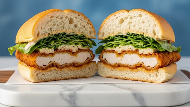 The image shows a sandwich on a white baguette roll with a crispy, golden-brown fried patty as the bottom layer. On top of the patty is a generous layer of fresh green lettuce mixed with creamy white dressing, with bits of grated white cheese sprinkled over the lettuce and some scattered on the white marbled surface underneath. The sandwich is placed on white parchment paper on a wooden board, with another similar sandwich blurred in the background and a wooden bowl on the right side. Photo taken with an iphone --ar 4:5 --v 7