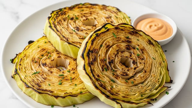 Three golden brown grilled cabbage steaks with visible char marks and sprinkled green herbs are stacked slightly overlapping on a white plate. The cabbage layers show a mix of light yellow and white with a caramelized, crispy texture on the outer rings. A small dish of light orange dipping sauce is placed on the side of the plate. The white marbled texture underneath adds a clean and bright background. photo taken with an iphone --ar 4:5 --v 7