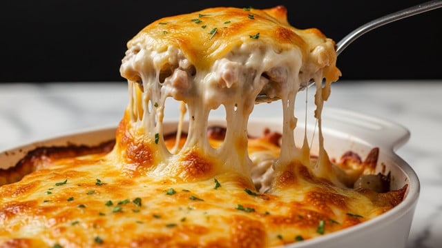 A close-up of a cooked cheesy casserole being lifted by a spoon with melted cheese strings stretching from the dish. The casserole has three visible layers: a golden brown melted cheese top layer with a bubbly, slightly crispy texture; a middle creamy white sauce layer mixed with chunks of food; and a bottom layer with a thicker texture and darker bits, all held in a white ceramic dish. The background is dark, and the dish is on a white marbled surface. photo taken with an iphone --ar 4:5 --v 7