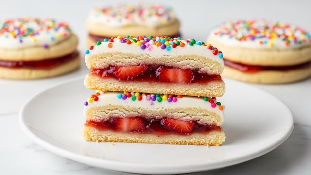 Two layered cookies are shown stacked on a white plate on a white marbled surface. Each cookie has three main layers: the bottom is a thick soft and crumbly light beige cookie base, the middle layer contains a glossy, bright red strawberry jam with visible fruit pieces, and the top layer is a smooth white frosting covered with small round colorful sprinkles in red, orange, green, yellow, and purple. The cookie on top is cut in half, showing the layers clearly. Photo taken with an iphone --ar 4:5 --v 7