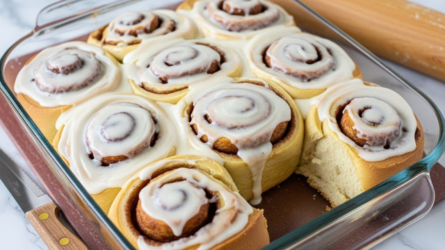 A close-up view of a glass baking dish filled with freshly baked cinnamon rolls. The dish is full of golden-brown rolled dough spirals with visible cinnamon swirls. The top layer is thickly covered with creamy white icing that has a smooth, slightly glossy texture, gently melting over the rolls and pooling a little between them. The dish rests on a white marbled surface, and a wooden rolling pin is partially visible at the corner. Photo taken with an iphone --ar 4:5 --v 7