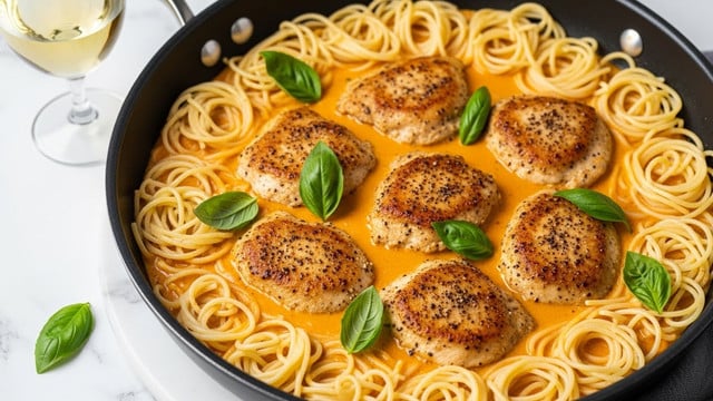 A black skillet filled with creamy orange sauce covering several golden-brown seared chicken pieces, placed on top of thin, light yellow spaghetti noodles that form the base layer around the edges. Bright green fresh basil leaves are scattered over the chicken and sauce, adding a pop of color and freshness. The dish sits on a white marbled surface with a glass of white wine visible in the background, adding an elegant touch. The sauce looks rich and smooth, with specks of black pepper on the chicken, giving a textured and savory appearance. photo taken with an iphone --ar 4:5 --v 7