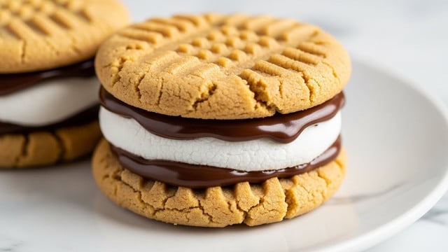 A stack of two thick peanut butter cookies form the base and top of this dessert. Between each cookie layer lies a thick layer of smooth, glossy dark chocolate that is slightly melting and dripping down the sides, topped with a fluffy, white marshmallow layer that looks soft and pillowy. The cookies are golden brown with a crinkled texture, and the dessert is placed on a white plate with a brown rim. In the blurred background, more of the same cookie sandwiches sit on a cooling rack with a white marbled surface below. photo taken with an iphone --ar 4:5 --v 7