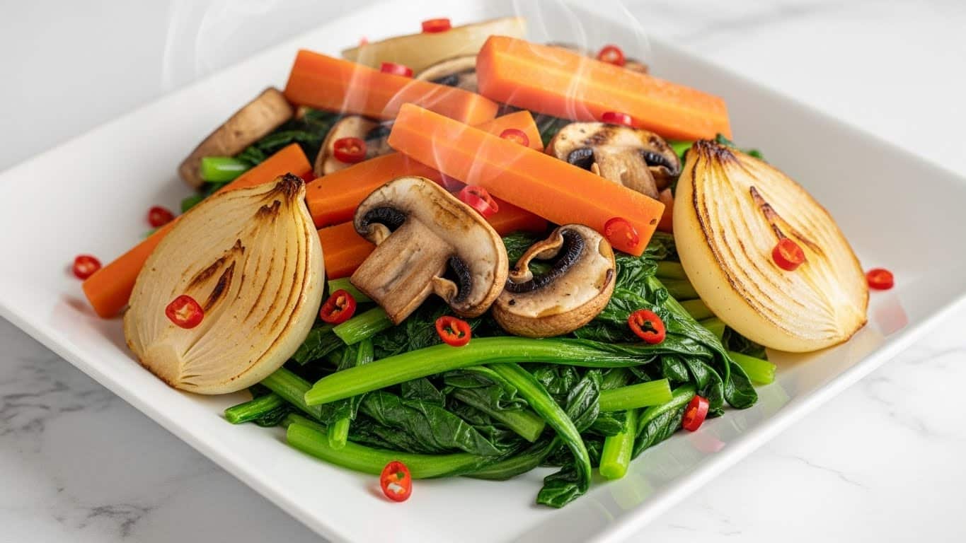A white square plate holds a vibrant stir-fry with several colorful layers. The bottom layer consists of bright green leafy vegetables with a slightly wilted texture. On top, there are thick orange carrot sticks and browned grilled mushroom slices scattered around. Large, golden-brown onion pieces with a soft texture are placed unevenly on the dish. The dish is garnished with small red chili flakes spread all over. The whole scene is set on a white marbled surface, and steam rises gently from the warm food, adding a fresh, cooked look. photo taken with an iphone --ar 4:5 --v 7