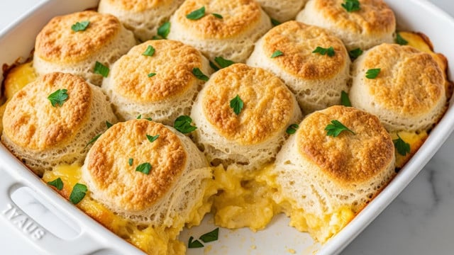 The image shows a white baking dish filled with a baked dish topped with large, golden-brown biscuits that have a slightly crispy texture and puffed tops. Below the biscuits, a creamy, cheesy sauce peeks out with a smooth, rich texture in a light yellow color. Scattered fresh green parsley leaves are sprinkled on top for a touch of color and freshness. The dish sits on a white marbled surface, highlighting its warm and inviting look. photo taken with an iphone --ar 4:5 --v 7