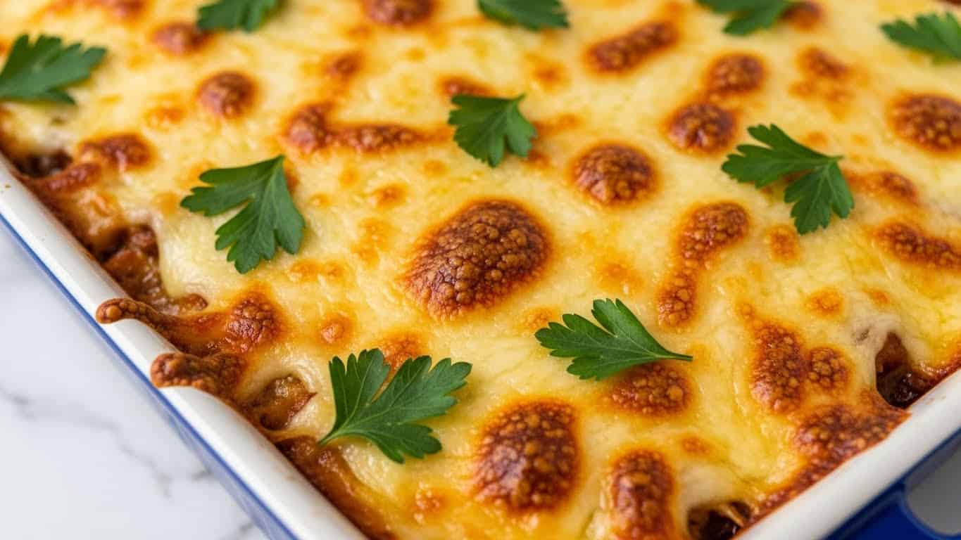 A close-up view of a baked casserole with a bubbly, golden brown top layer of melted cheese, showing irregular dark golden spots where the cheese is more browned. The cheese topping is thick and looks creamy, with a slightly rough texture from the melting. Fresh green parsley leaves are scattered on top, adding contrast and a touch of color. The casserole is in a white baking dish with blue edges, and the sides show some browned, crispy baked edges of the cheese. The dish rests on a white marbled surface. photo taken with an iphone --ar 4:5 --v 7