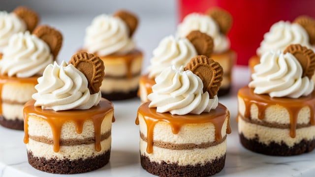 The image shows mini cheesecakes arranged on a white marbled surface. Each cheesecake has three layers: a dark brown crumb base, a thick light beige creamy middle, and a glossy light caramel-colored topping dripping slightly down the sides. On top of most cheesecakes is a swirl of soft white whipped cream, with some decorated with a small round cookie inserted on the side of the whipped cream. The focus is on the front cheesecakes, with blurred ones and a red container in the soft background. photo taken with an iphone --ar 4:5 --v 7