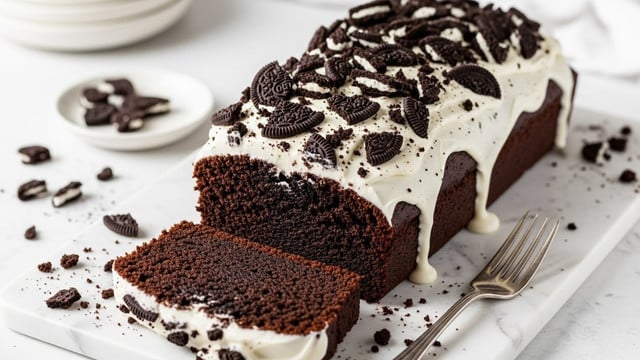 A rectangular dark chocolate loaf cake with one large slice cut at the front, revealing a dense and moist black interior, sits on a white marbled board. The top layer is covered with a thick, creamy white frosting, unevenly spread to show some drips down the sides, and topped with broken pieces of dark chocolate cookies scattered across. Crumbs and small cookie bits lay around the board, adding texture against the smooth white marble surface. A fork rests to the right side near the edge of the board, and soft natural light highlights the rich contrast between the dark cake and white frosting. photo taken with an iphone --ar 4:5 --v 7