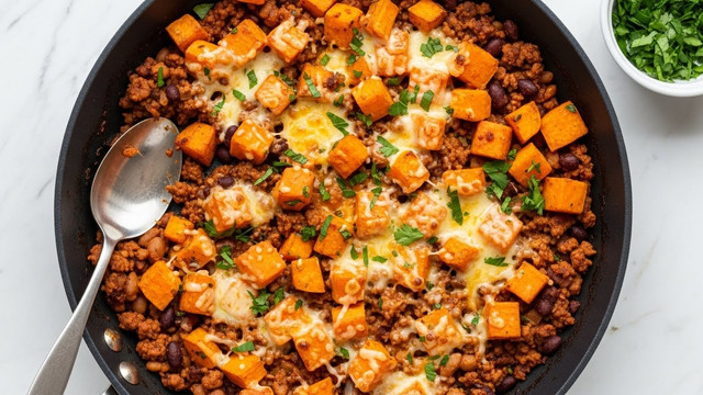 A white cast iron pan filled with a mixed dish showing three layers: the bottom layer is creamy white rice mixed with black beans, the middle layer displays large chunks of cooked orange sweet potatoes, and the top layer is sprinkled with bright green chopped scallions and fresh herbs. The dish looks colorful and hearty, sitting on a wooden surface with green plants and a white marbled background visible in the distance. The photo taken with an iphone --ar 4:5 --v 7