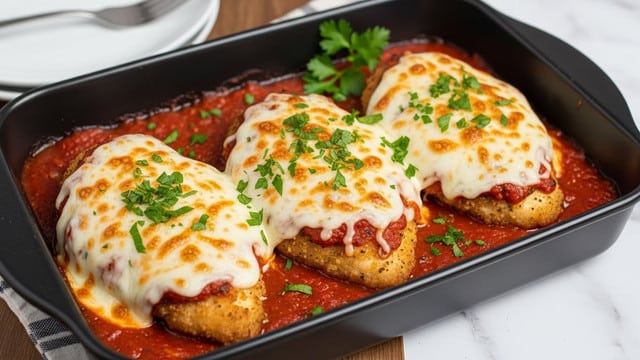 In a black baking dish, there are three pieces of golden brown, crispy chicken breasts fully covered with a thick layer of melted, bubbly mozzarella cheese that is slightly browned in spots. The chicken rests in a shallow pool of rich, reddish-orange marinara sauce that peeks out around the edges of the chicken. Fresh chopped parsley is sprinkled generously on top of the cheese, adding bright green color, with a small sprig of parsley placed near the back. The dish is placed on a wooden table with part of a white plate and silver fork visible in the background on a white marbled texture. photo taken with an iphone --ar 4:5 --v 7