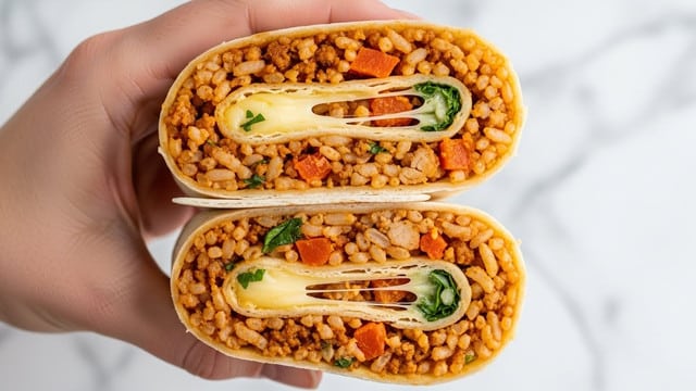 A close-up of a woman's hand holding two halves of a burrito wrapped in a light beige tortilla. The burrito is cut to show three visible layers inside: the outer soft tortilla, a middle layer of melted light yellow cheese that is stringy, and an inner filling of cooked rice mixed with brownish ground meat and small pieces of orange-red cooked vegetables and green herbs. The burrito is held over a white marbled surface. photo taken with an iphone --ar 4:5 --v 7