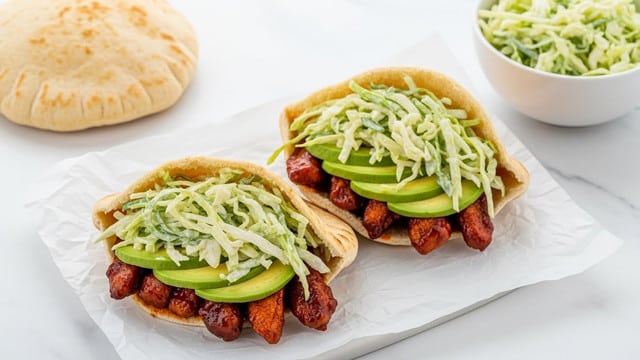 The image shows two pita sandwiches on white parchment paper over a white marbled surface. Each sandwich is stuffed with a crispy pita bread pocket, filled with dark reddish-brown glazed chicken pieces, a thick layer of thinly sliced light green avocado, and topped with a generous amount of finely shredded pale green cabbage mixed with white dressing. To the side, part of an open white pita bread and a small white bowl containing more of the cabbage salad is visible, all set against a clean white marbled background. Photo taken with an iphone --ar 4:5 --v 7