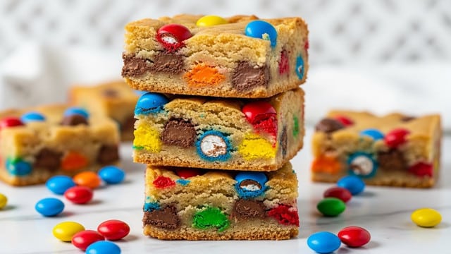 The image shows a stack of four thick, square blondie bars with colorful candy-coated chocolates baked inside, visible as red, blue, yellow, and orange spots. The top bar is leaned slightly forward, showing a soft, light golden brown texture with chocolate chunks and candy pieces in the inner layer. Some of the candy-coated chocolates are partially embedded and look shiny on the surface. Scattered around the bars are loose candy-coated chocolates in the same bright colors. The setting is on a white marbled surface with a soft, out-of-focus white patterned background. photo taken with an iphone --ar 4:5 --v 7