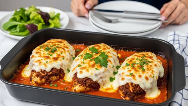 The image shows a black baking dish with three large pieces of chicken breast layered in it, each piece topped with a thick, bubbly layer of melted white cheese with golden brown spots. Underneath the cheese, there is a crispy, spiced brown coating on the chicken. The dish has a rich orange-red sauce filling the bottom of the pan, adding a glossy texture. Fresh green chopped herbs are sprinkled on top of the cheese for color contrast, and two sprigs of parsley sit in the middle piece. The background shows a white plate with green salad and another white plate with a fork and knife on a white marbled surface, with a woman's hand and part of a blue checkered cloth visible beside the dish. photo taken with an iphone --ar 4:5 --v 7