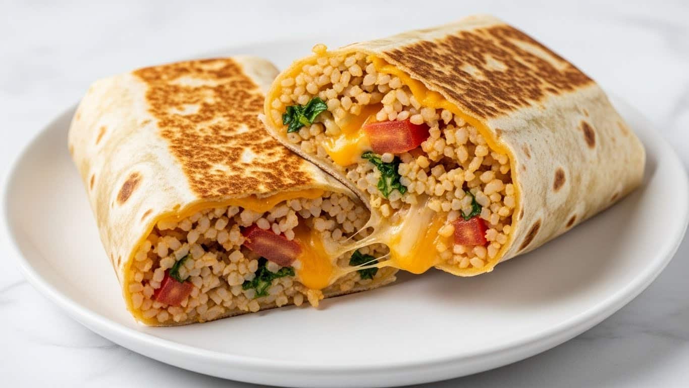 Two halves of a burrito are placed on a white plate, set on a white marbled texture. The burrito has a lightly toasted, golden-brown tortilla wrap with some darker spots. Inside, the filling is visible, showing a mix of cooked rice, small pieces of tomato, green herbs, and melted cheese stretching between the two halves. The rice is light brown with a moist texture, and the cheese is orange and gooey. Photo taken with an iphone --ar 4:5 --v 7