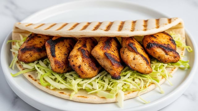 A white flatbread folded open, filled with several pieces of golden brown grilled chicken placed on top of a bed of finely shredded pale green cabbage. The chicken pieces have a slightly charred texture, showing a crispy outside with juicy inside. The flatbread looks soft and slightly toasted with visible grill marks. The dish is served on a round white plate, with a white marbled background. Photo taken with an iphone --ar 4:5 --v 7