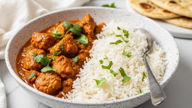 A close-up of a white speckled bowl filled with two main layers: on the left, rich orange curry with chunky pieces of browned chicken, sprinkled with fresh green cilantro leaves and some herbs, and on the right, a mound of steamed white rice topped with small green cilantro pieces. A silver spoon is placed inside the bowl, resting in the curry side. In the background, there is a white cloth and some naan bread placed on a white marbled surface. The image has warm lighting and a cozy feel. photo taken with an iphone --ar 4:5 --v 7
