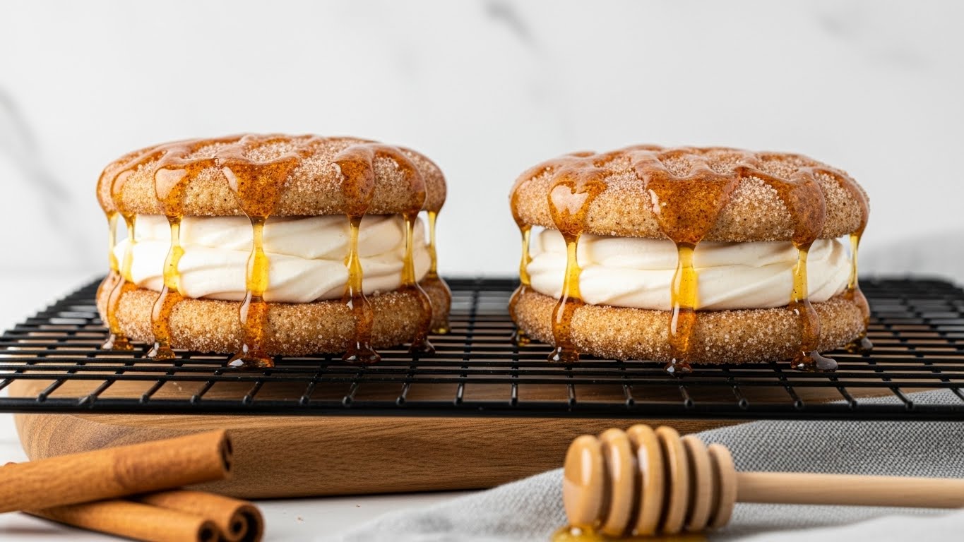 Two layered sandwich cookies are shown on a black wire rack over a wooden board. Each cookie has a sugar and cinnamon-coated top and bottom layer, light brown with a crumbly texture. Between the cookie layers is a thick swirl of smooth white cream and a drizzle of amber-colored honey that glistens and hangs slightly over the edges. In the foreground next to the rack are cinnamon sticks and a wooden honey dipper on a soft gray cloth. The background is a white marbled texture with soft lighting. Photo taken with an iphone --ar 4:5 --v 7